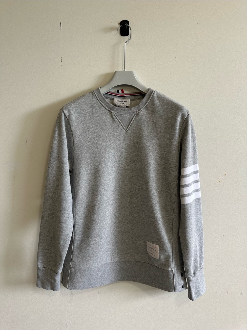 Thom Browne Grey Crewneck Sweatshirt with White Sleeve Stripes